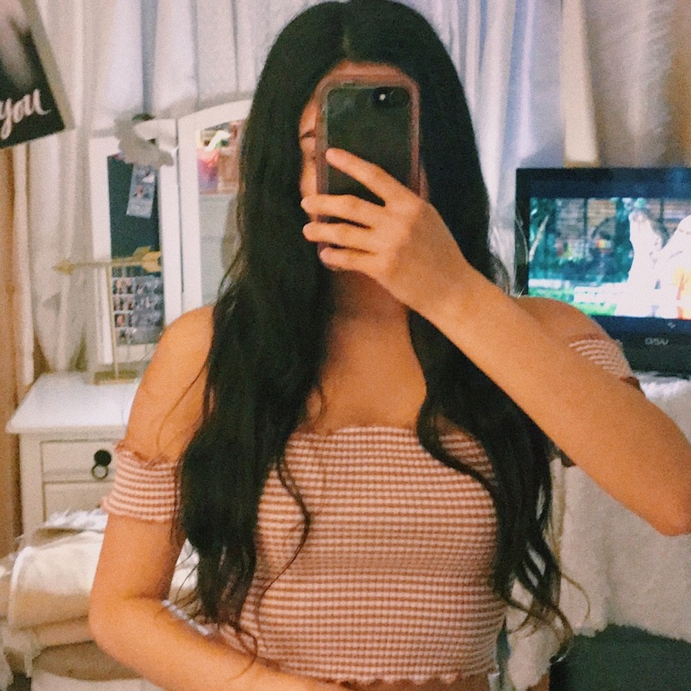 striped pink off the shoulder crop top